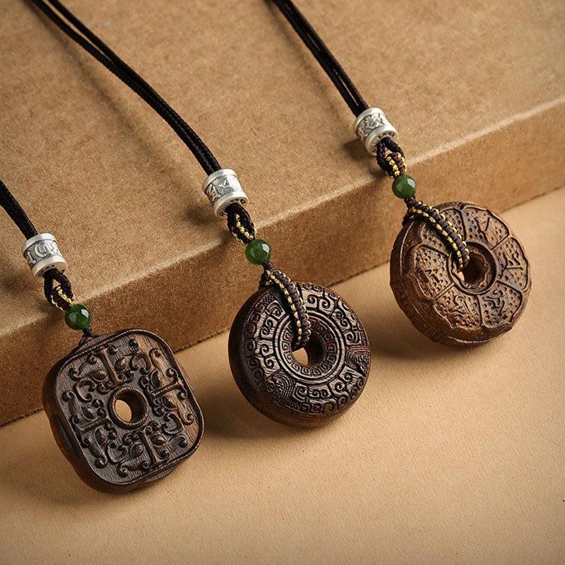 Sacred Rune Agarwood Pendant – Silver & Jade Talisman for Protection & Harmony