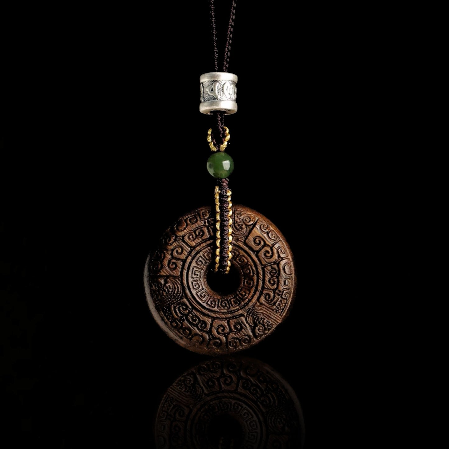 Sacred Rune Agarwood Pendant – Silver & Jade Talisman for Protection & Harmony