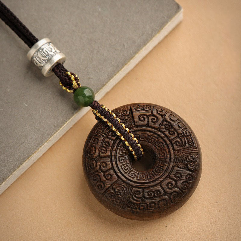 Sacred Rune Agarwood Pendant – Silver & Jade Talisman for Protection & Harmony