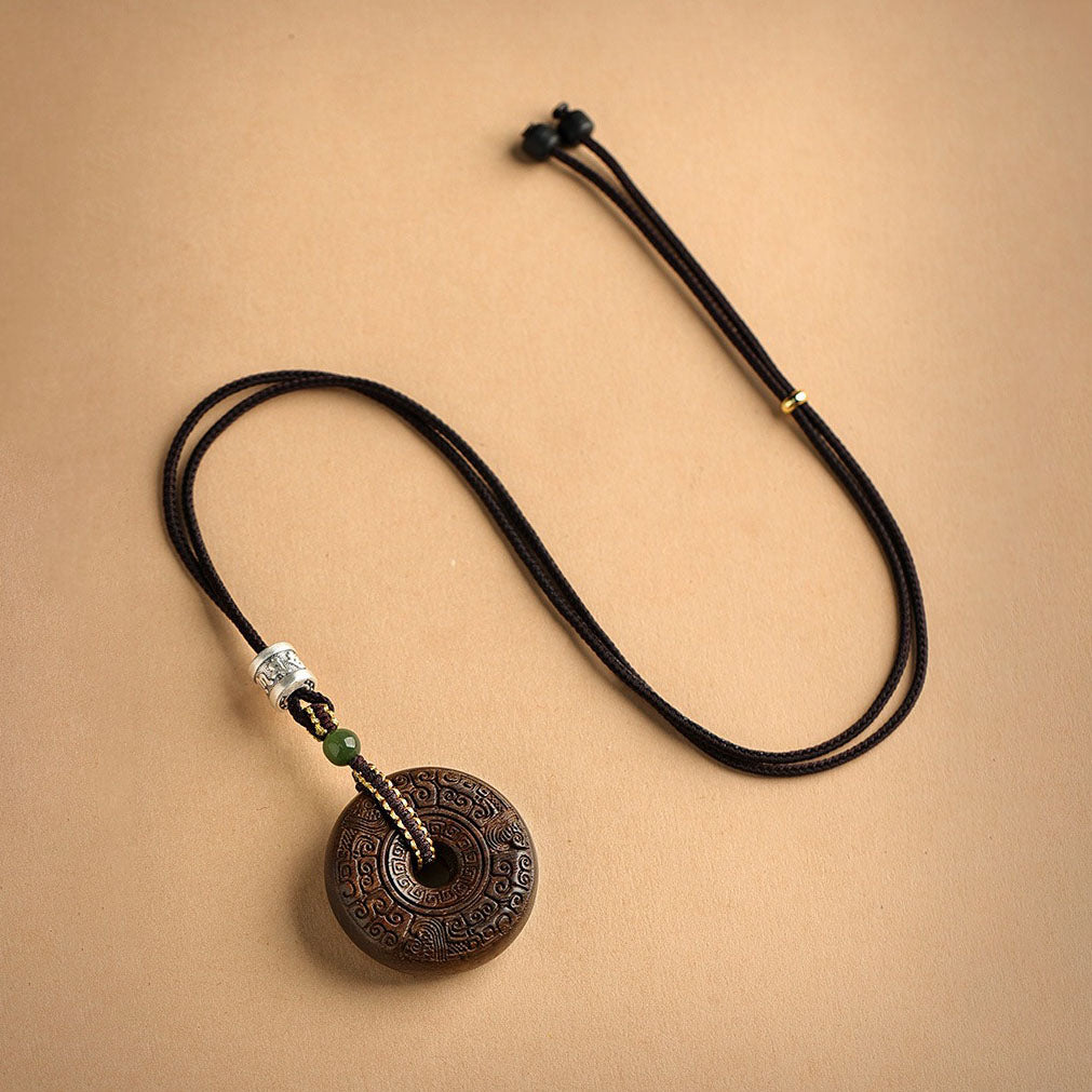 Sacred Rune Agarwood Pendant – Silver & Jade Talisman for Protection & Harmony