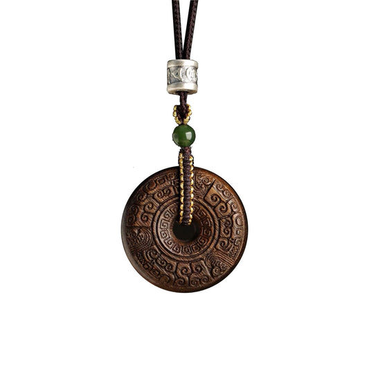 Sacred Rune Agarwood Pendant – Silver & Jade Talisman for Protection & Harmony