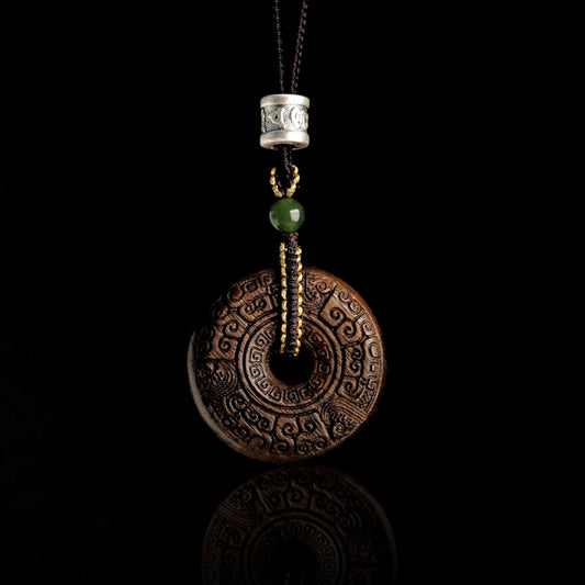 Sacred Rune Agarwood Pendant – Silver & Jade Talisman for Protection & Harmony