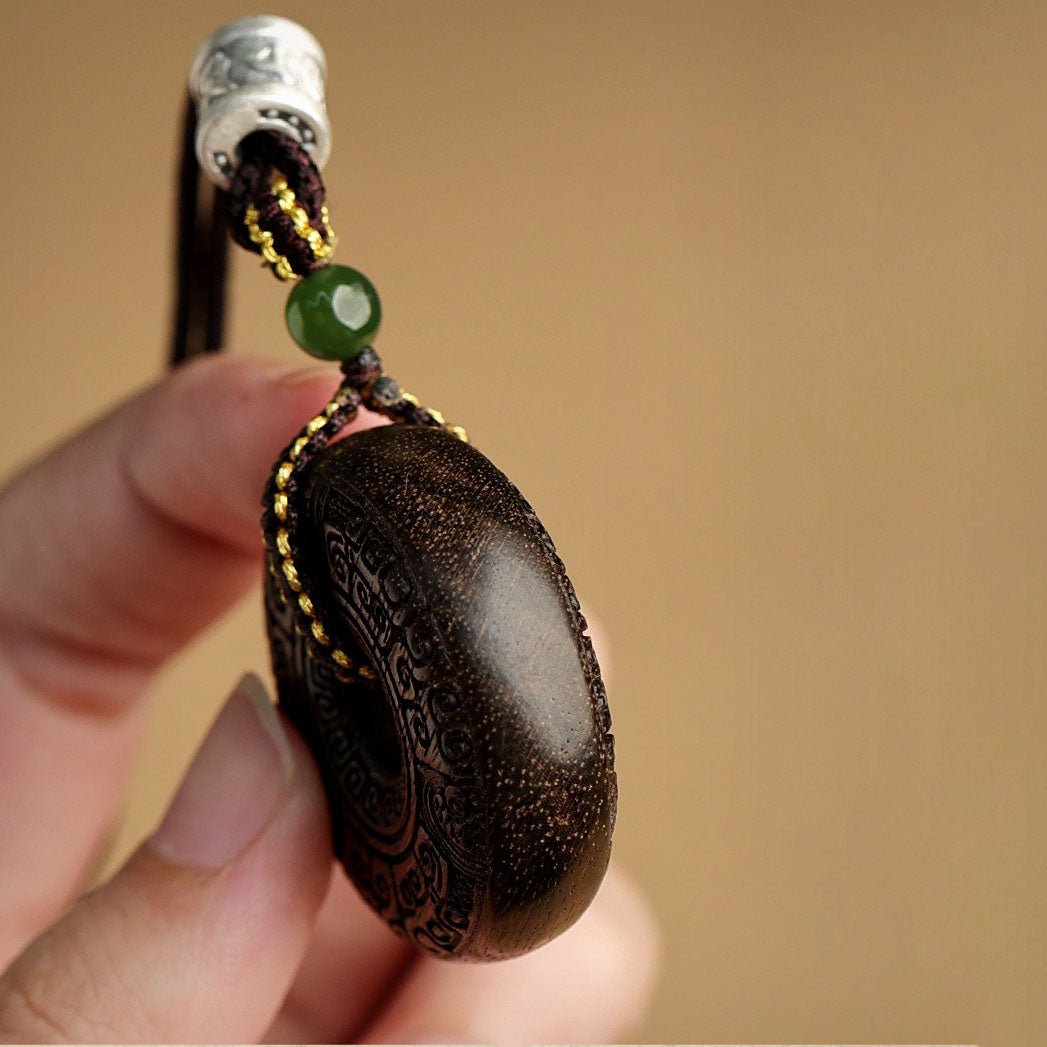 Sacred Rune Agarwood Pendant – Silver & Jade Talisman for Protection & Harmony