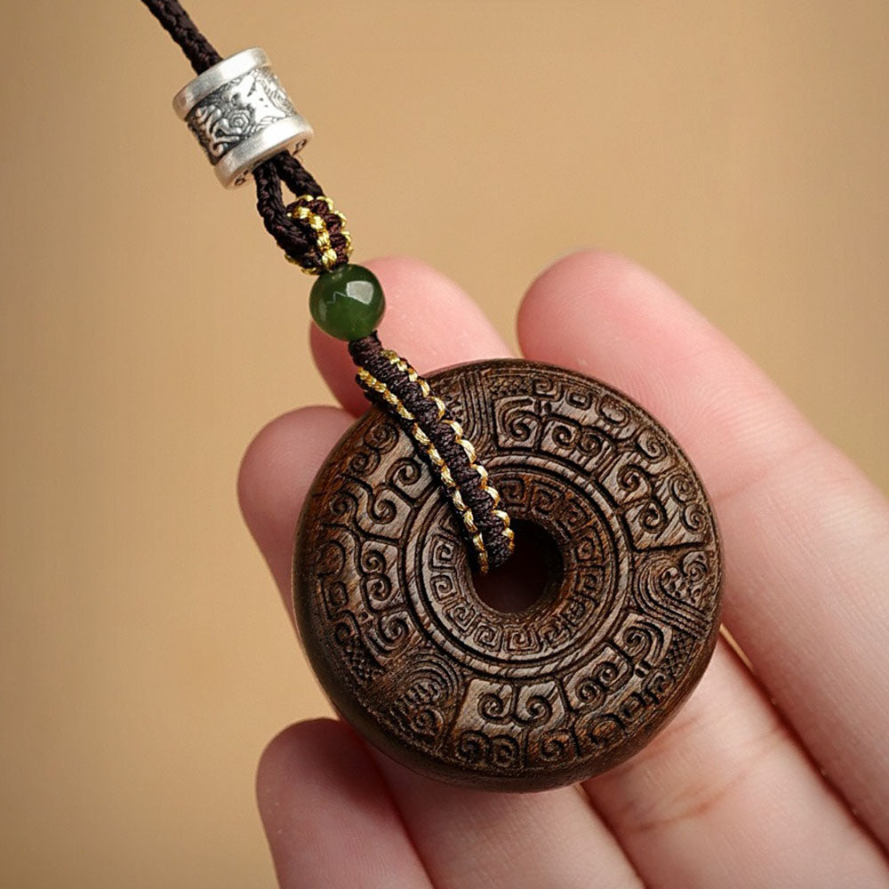 Sacred Rune Agarwood Pendant – Silver & Jade Talisman for Protection & Harmony