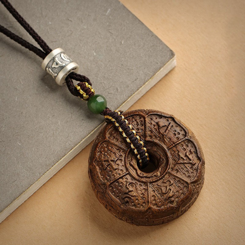 Sacred Rune Agarwood Pendant – Silver & Jade Talisman for Protection & Harmony