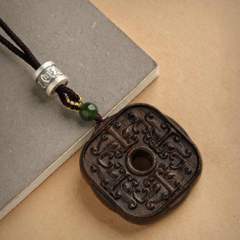 Sacred Rune Agarwood Pendant – Silver & Jade Talisman for Protection & Harmony