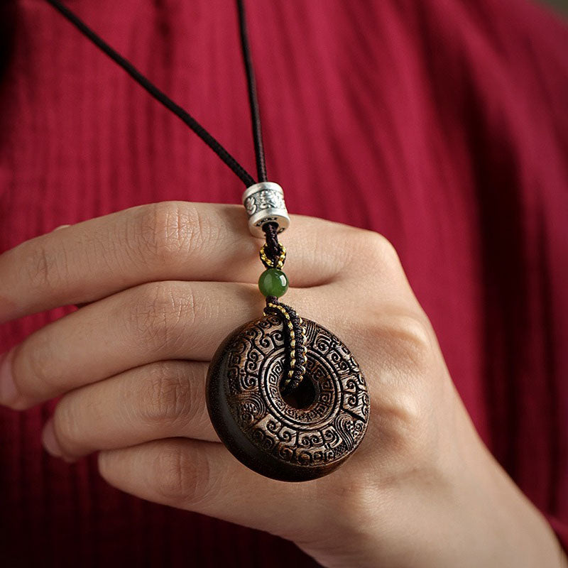 Sacred Rune Agarwood Pendant – Silver & Jade Talisman for Protection & Harmony